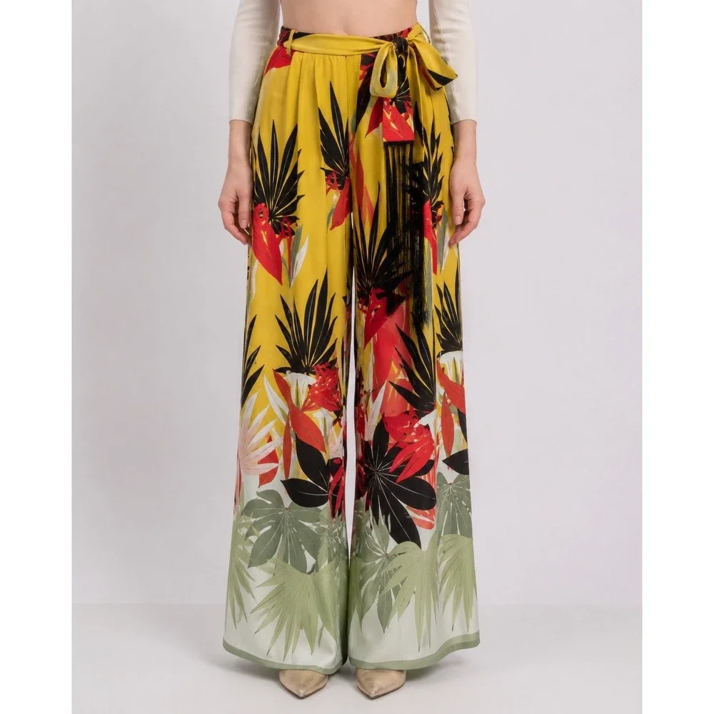 Beatrice B Silk Tropical Wide Leg Pants Women's M Yellow Floral Fringe Italy